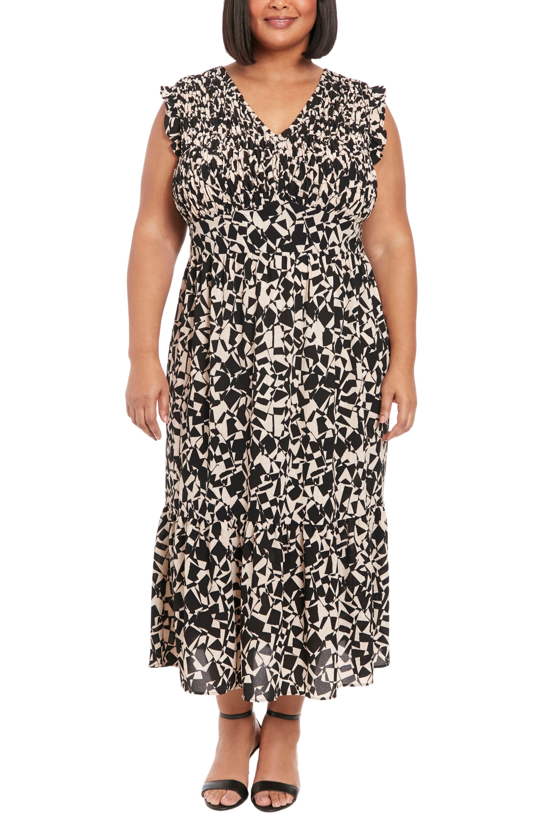 London Times V-Neckline Ruffled Shoulder Sleeve Tea Length Casual Silhouette Dress (Plus Size) | Available at Curated Brands in Los Angeles London Times V-Neckline Ruffled Shoulder Sleeve Tea Length Casual Silhouette Dress (Plus Size) | Available at Curated Brands in Los Angeles