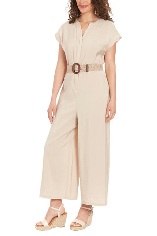 London Times Belted Wide Leg With Side Pockets Jumpsuit - LIGHT BEIGE - Front full view