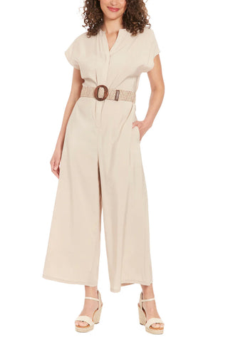 London Times Belted Wide Leg With Side Pockets Jumpsuit - LIGHT BEIGE - Front 