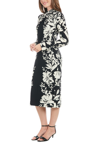 London Times Floral High Mock Crossover Neckline Long Elasticated Cuffs Sleeves Sheer Overlay Flounce Hemline Fit Sheath Midi Dress