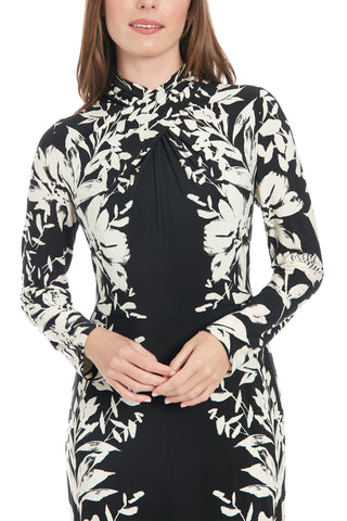 London Times Floral High Mock Crossover Neckline Long Elasticated Cuffs Sleeves Sheer Overlay Flounce Hemline Fit Sheath Midi Dress