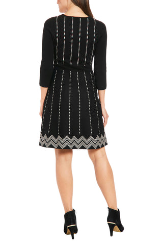 London Times Jewel Neck A-Line Sweater Dress - BLACK CREAM - BACK 