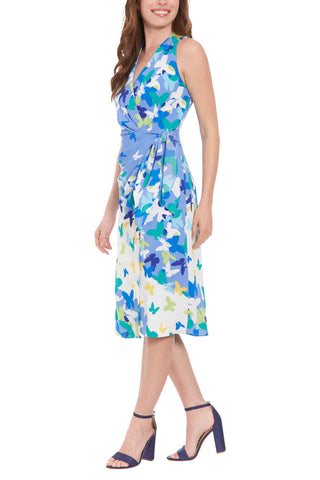 London Times Side Ruched Buckle Midi Dress - BLUE MULTI - SIDE VIEW