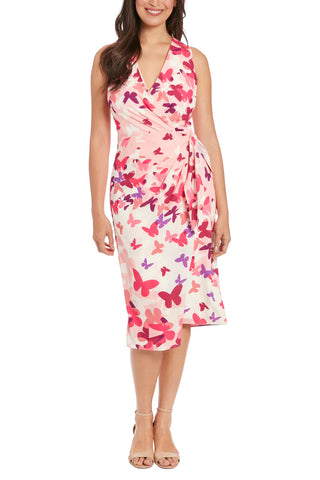 London Times Side Ruched Buckle Midi Dress - PINK MULTI - FRONT FULL VIEW