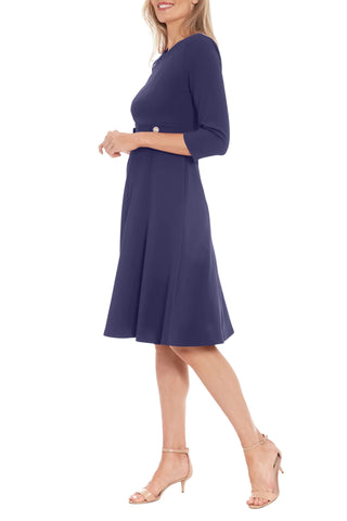 London Times Jewel Neckline Quarter Sleeves Zipper Closure Buttoned Mock Belt Fit-and-Flare Flowing Skirt Dress