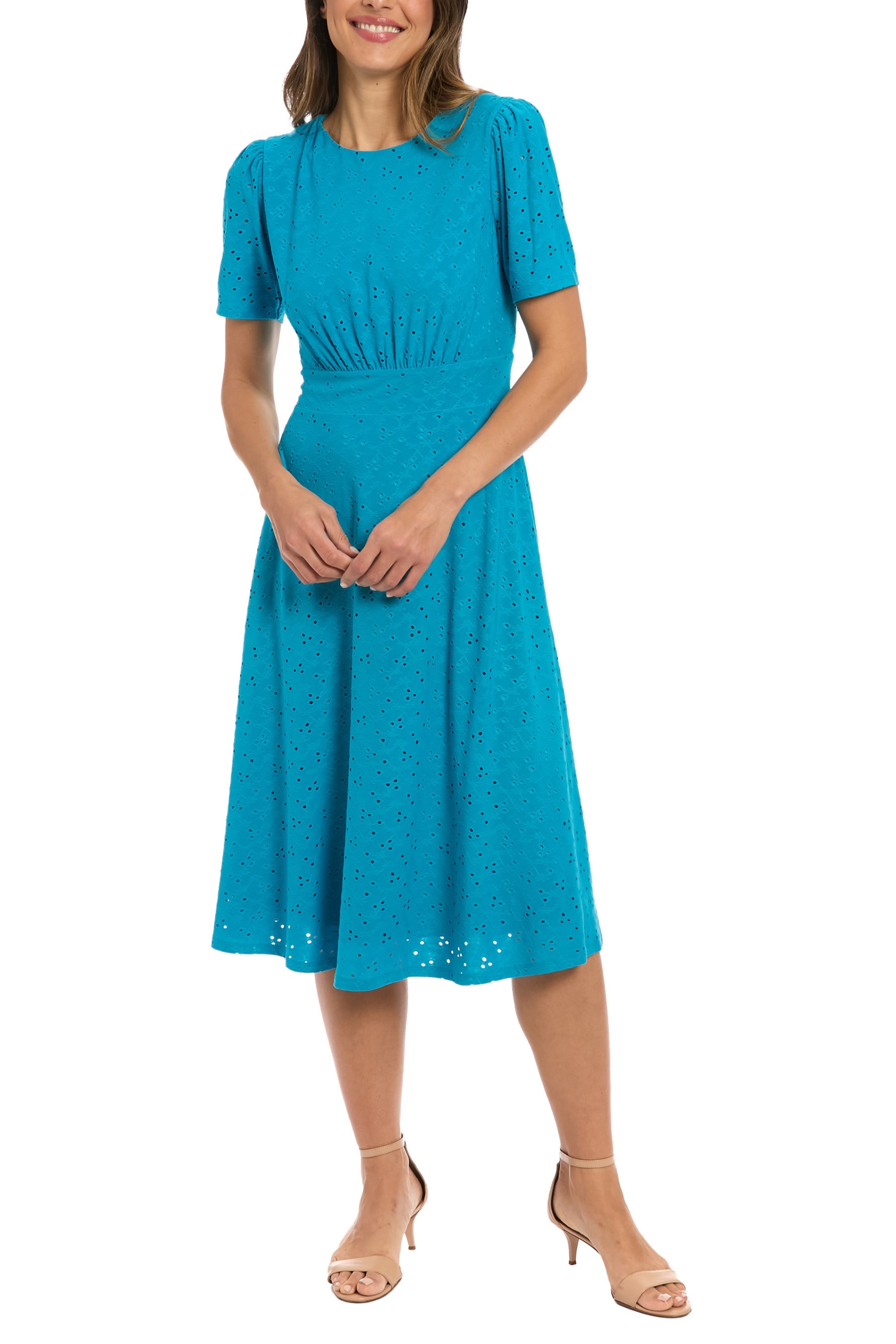 London Times Short Puff Sleeves Inset Waist Fitted Bodice A-Line Scalloped Hem Skirt Midi Eyelet Detail Dress| Available at Curated Brands in Los Angeles London Times Short Puff Sleeves Inset Waist Fitted Bodice A-Line Scalloped Hem Skirt Midi Eyelet Detail Dress| Available at Curated Brands in Los Angeles