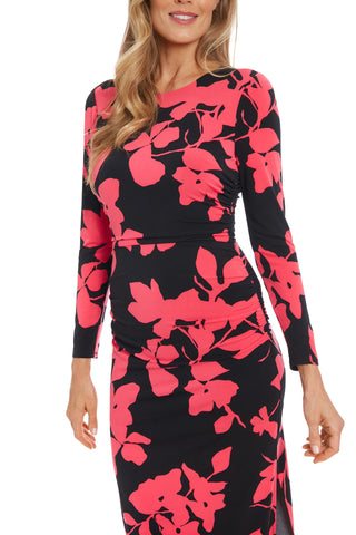 London Times Crew Neckline Long Sleeves Ruched Side Slit Straight Fit Midi Sheath Silhouette Dress