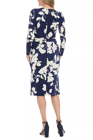 London Times Crew Neckline Long Sleeves Ruched Side Slit Straight Fit Midi Sheath Silhouette Dress