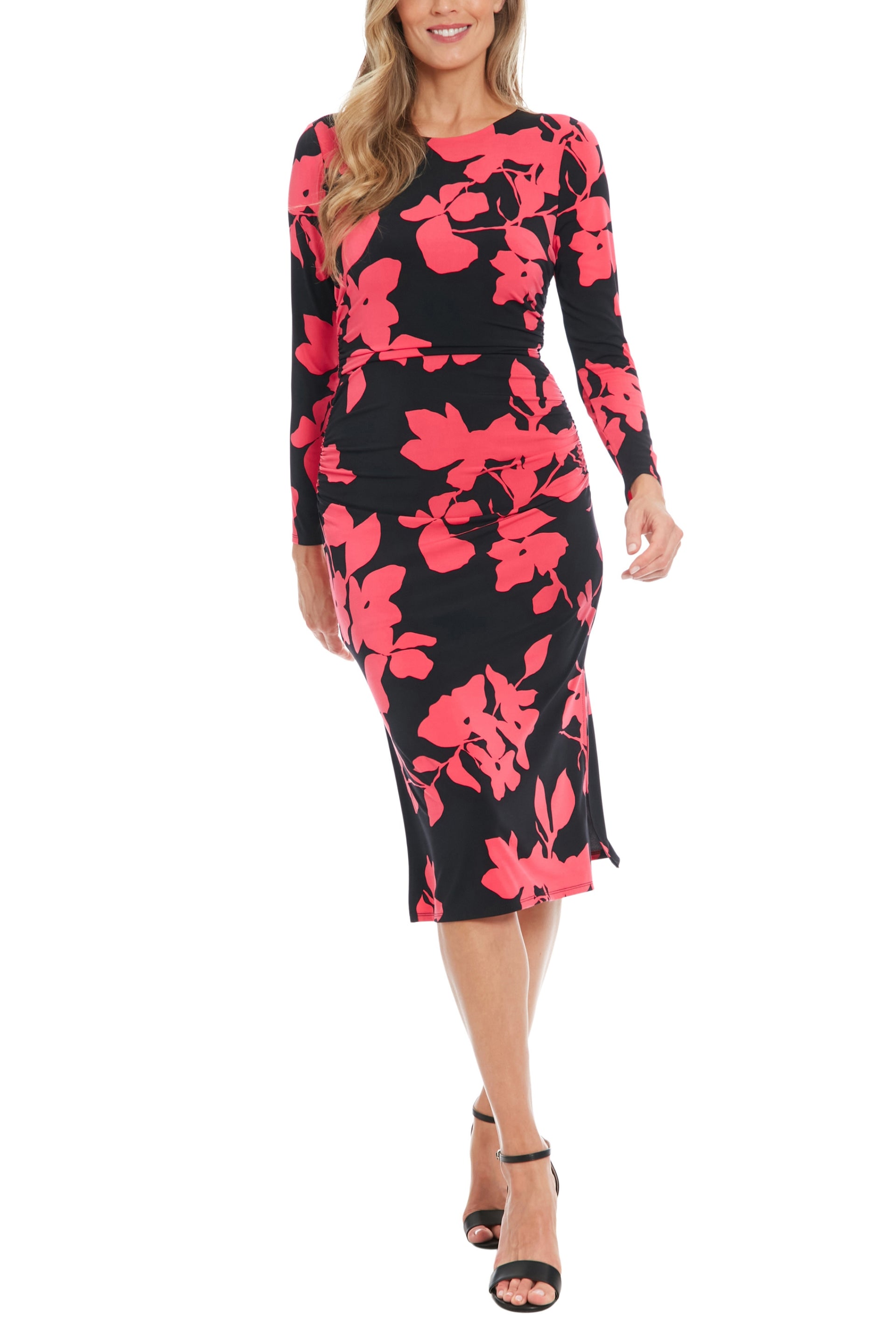 London Times Crew Neckline Long Sleeves Ruched Side Slit Straight Fit Midi Sheath Silhouette Dress| Available at Curated Brands in Los Angeles London Times Crew Neckline Long Sleeves Ruched Side Slit Straight Fit Midi Sheath Silhouette Dress| Available at Curated Brands in Los Angeles