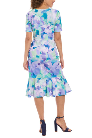 London Times V-Neckline Short Sleeves Side Waist Twist Detail Flounce Hem Sheath Silhouette Dress - LAVENDER PERI - back