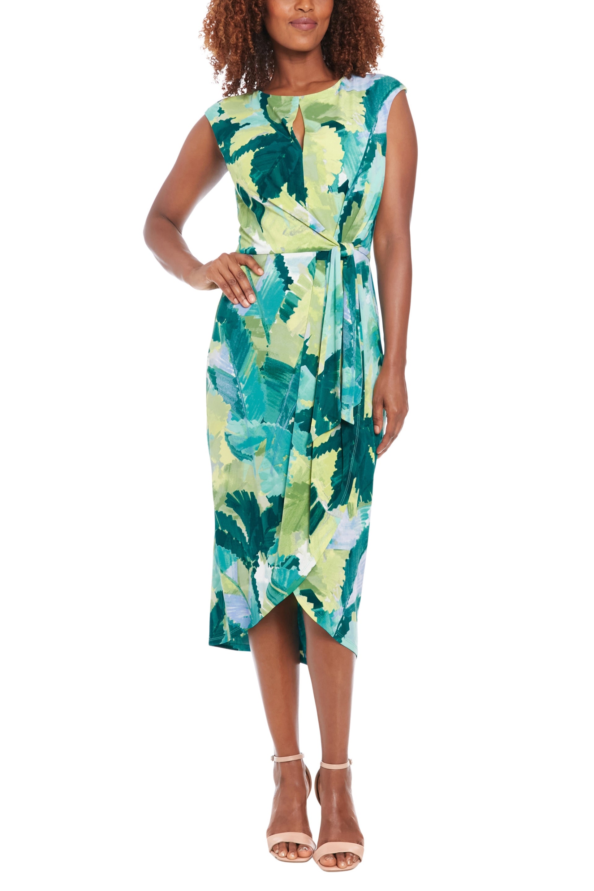 London Times Keyhole Neckline Sleeveless Waist Tie Tulip Hem Sheath Silhouette Midi Dress London Times Keyhole Neckline Sleeveless Waist Tie Tulip Hem Sheath Silhouette Midi Dress