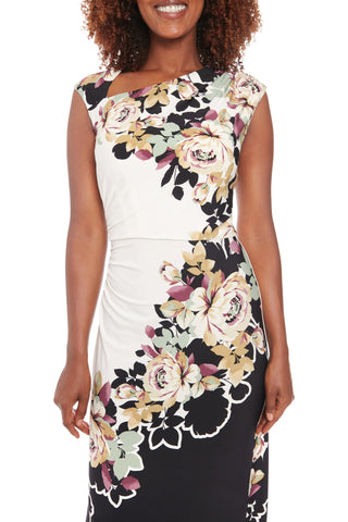 London Times Asymmetric Neckline Sleeveless Zipper Closure Streamlined Ruched Side Detail Midi Sheath Dress