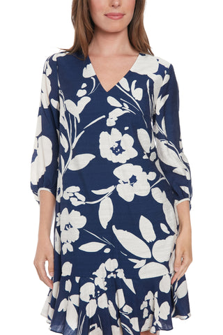 London Times V-Neckline Bishop Quarter Sleeves Gathered Cuffs Side Seam Pockets Subtle Flounced Ruffle Hem Dress