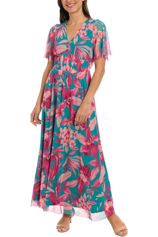 London Times Botanical Print V-Neckline Sheer Flutter Short Sleeves Smocked Waist A-Line Trimmed Hem Maxi Dress