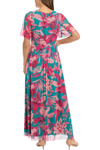 London Times Botanical Print V-Neckline Sheer Flutter Short Sleeves Smocked Waist A-Line Trimmed Hem Maxi Dress