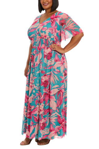 London Times Botanical Print V-Neckline Sheer Flutter Short Sleeves Smocked Waist A-Line Trimmed Hem Maxi Dress (Plus Size)
