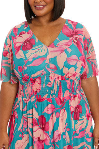London Times Botanical Print V-Neckline Sheer Flutter Short Sleeves Smocked Waist A-Line Trimmed Hem Maxi Dress (Plus Size)