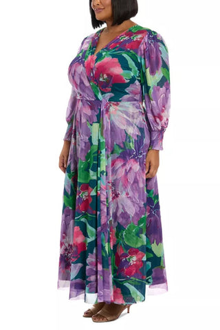 London Times Floral Print Surplice V-Neckline Puffed Long Sleeves Smocked Cuffs Draped Faux Wrap Silhouette Maxi Dress