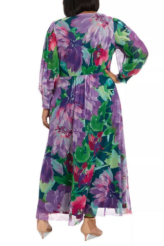 London Times Floral Print Surplice V-Neckline Puffed Long Sleeves Smocked Cuffs Draped Faux Wrap Silhouette Maxi Dress