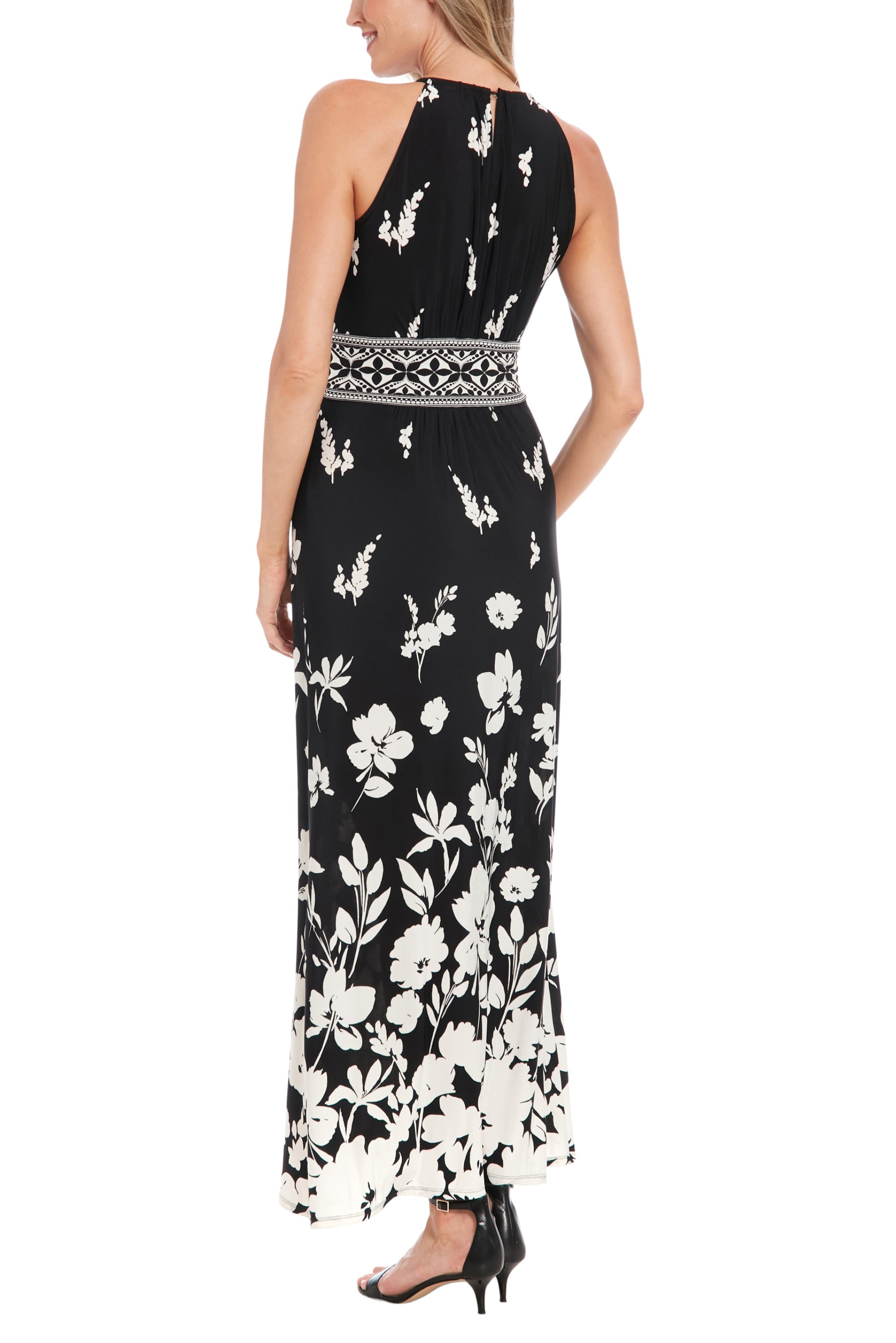 London Times Floral Print Round Keyhole Detail Neckline Sleeveless Empire Waist A-Line Maxi Halter Dress| Available at Curated Brands in Los Angeles London Times Floral Print Round Keyhole Detail Neckline Sleeveless Empire Waist A-Line Maxi Halter Dress| Available at Curated Brands in Los Angeles