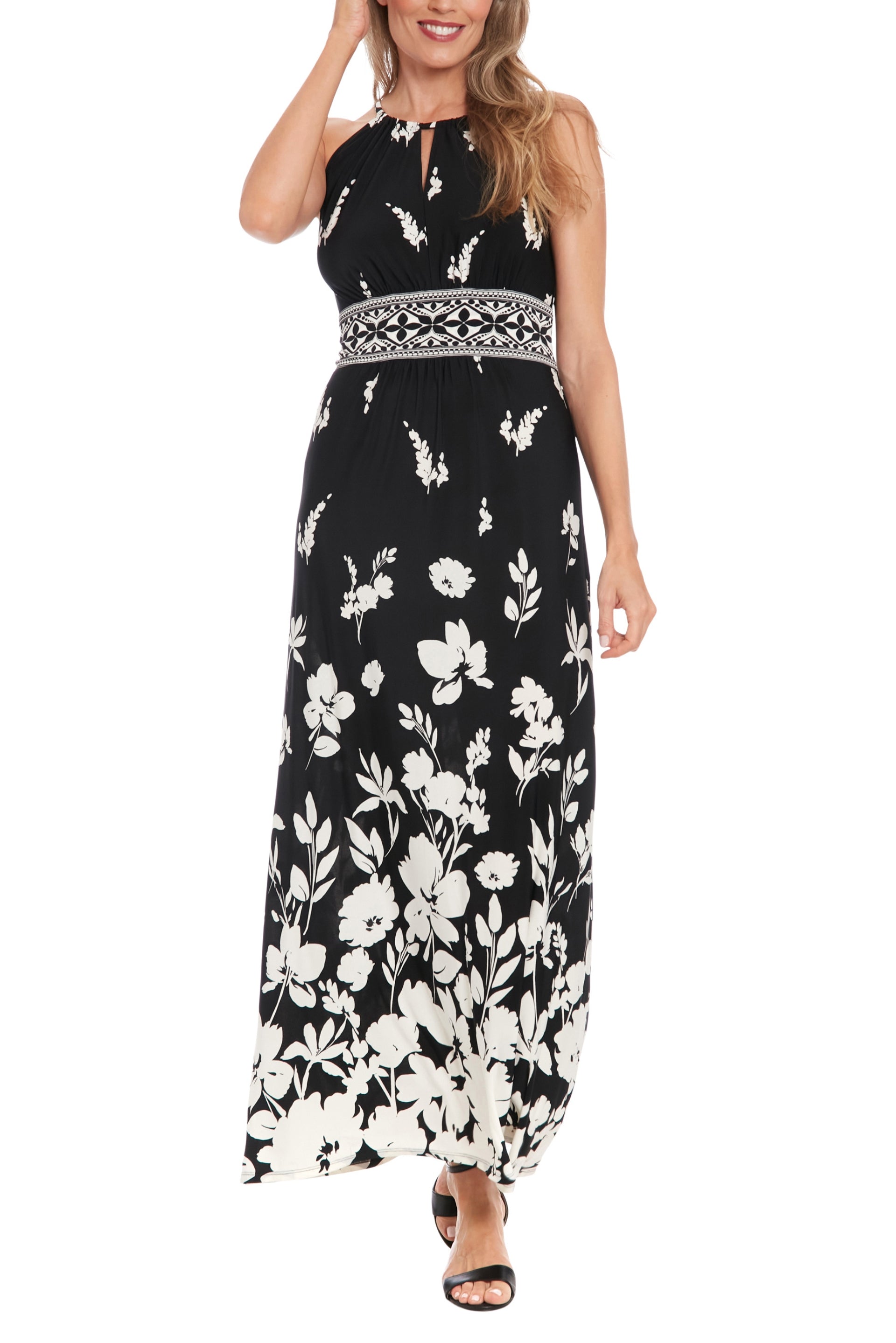 London Times Floral Print Round Keyhole Detail Neckline Sleeveless Empire Waist A-Line Maxi Halter Dress| Available at Curated Brands in Los Angeles London Times Floral Print Round Keyhole Detail Neckline Sleeveless Empire Waist A-Line Maxi Halter Dress| Available at Curated Brands in Los Angeles