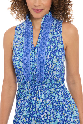 London Times High Detailed Neckline Sleeveless All-Over Floral Shirred Bodice Maxi Dress