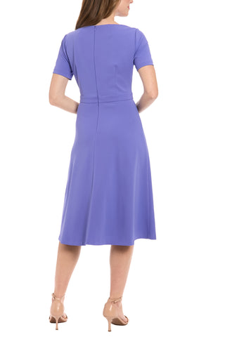 London Times Colleen Asymmetrical Unique Detail Neckline Fit-and-Flare Midi Dress - VERY PERI - BACK