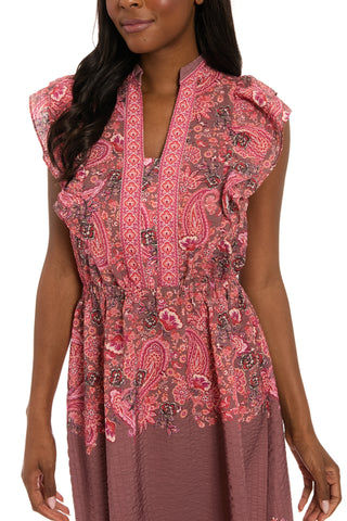 London Times All-Over Rose Brown Split Neckline Mandarin Collar Shoulder Shirred Ruffles Sleeveless Midi A-Line Dress