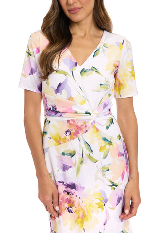 London Times Floral Twist V-Neckline Short Sleeves Back Zipper Flounce Hem Midi Dress