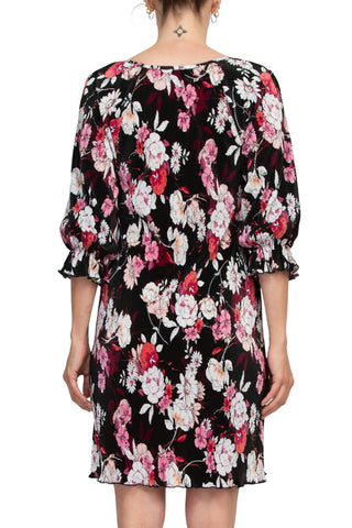 Connected Apparel Scoop Neck 3/4 Elastic Cuff Floral Print Ribbed Chiffon Dress