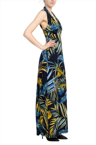 Connected Apparel V-Neck Crossed Shoulder Empire Waist Multi Print Jersey Maxi Dress | Available at Curated Brands in Los Angeles Connected Apparel V-Neck Crossed Shoulder Empire Waist Multi Print Jersey Maxi Dress | Available at Curated Brands in Los Angeles