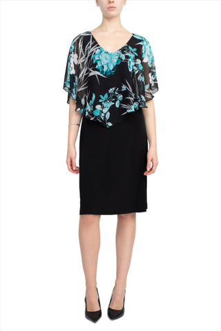 Connected Apparel V-Neck Floral Print Cape Sleeve Chiffon & ITY Dress