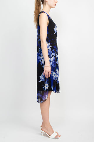 Connected Apparel V-Neck Sleeveless Floral Print Chiffon Overlay Slit Side Dress
