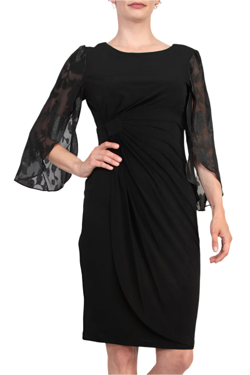 Connected Apparel Side Twist Detail Sheer Three-Quarter Floral Split Sleeves Sheath Dress | Available at Curated Brands in Los Angeles Connected Apparel Side Twist Detail Sheer Three-Quarter Floral Split Sleeves Sheath Dress | Available at Curated Brands in Los Angeles