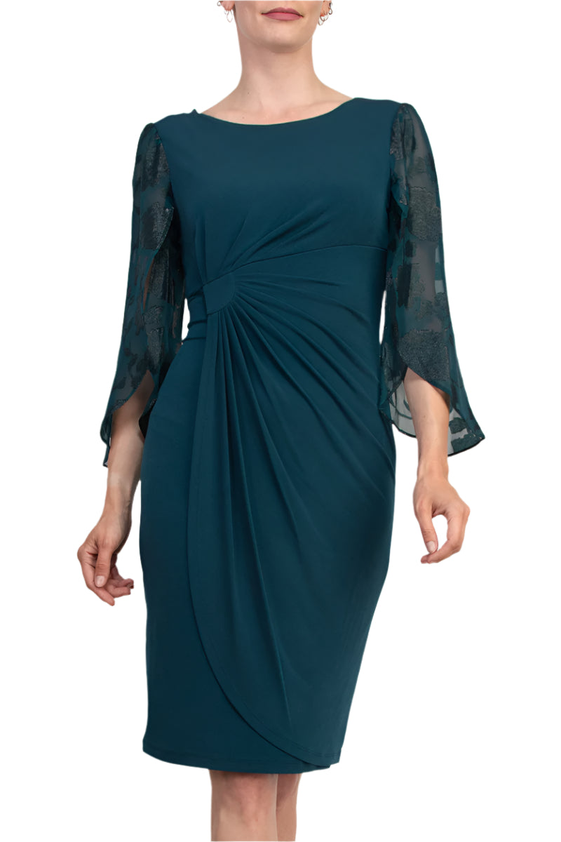 connected apparel formal dresses Connected Apparel Side Twist Detail Sheer Three-Quarter Floral Split Sleeves Sheath Dress