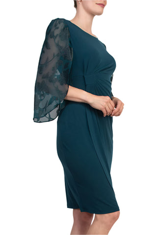 Robe fourreau transparente à manches trois-quarts et motif floral, détails torsadés sur le côté, Connected Apparel