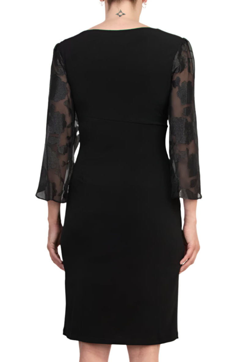 Connected Apparel Side Twist Detail Sheer Three-Quarter Floral Split Sleeves Sheath Dress | Available at Curated Brands in Los Angeles Connected Apparel Side Twist Detail Sheer Three-Quarter Floral Split Sleeves Sheath Dress | Available at Curated Brands in Los Angeles