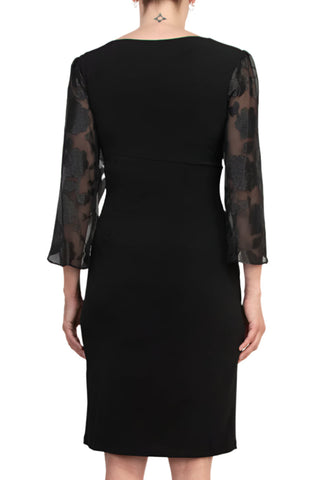 Connected Apparel Side Twist Detail Sheer Three-Quarter Floral Split Sleeves Sheath Dress - BLACK - Back
