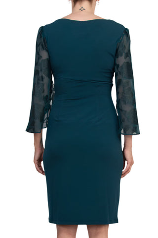 Connected Apparel Side Twist Detail Sheer Three-Quarter Floral Split Sleeves Sheath Dress - DARK MULLARD - Back