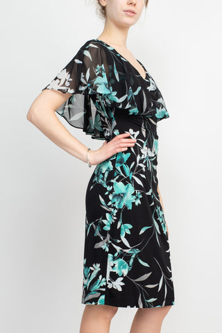 Connected Apparel V-Neck Sleeveless Floral Print Chiffon Overlay Gathered Side Floral Print ITY Dress