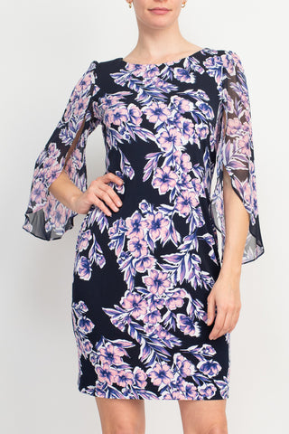 Connected Apparel Navy Floral-Print Bell-Sleeve Dress_Front View1