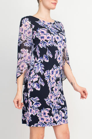 Connected Apparel Navy Floral-Print Bell-Sleeve Dress_Side View