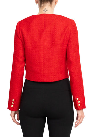T Tahari Longsleeve collarless round neck button down cropped weed jacket with front faux pockets bl - POPPY RED - Back 