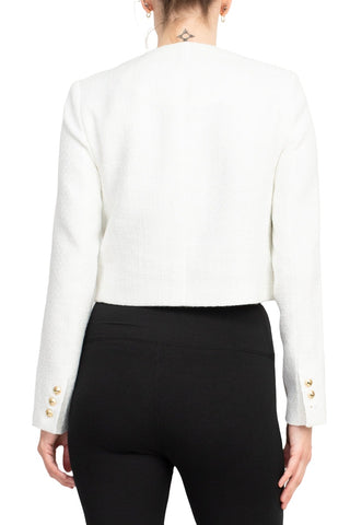T Tahari Longsleeve collarless round neck button down cropped weed jacket with front faux pockets bl - White - Back 