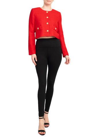 T Tahari Longsleeve collarless round neck button down cropped weed jacket with front faux pockets bl - POPPY RED - Front full view