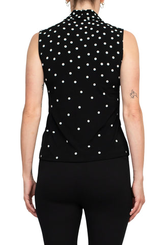 T Tahari Polka Dot Collared Neck Sleeveless Top - Black Ivory - Back