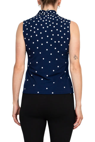 T Tahari Polka Dot Collared Neck Sleeveless Top - Royal Navy Ivory - Back