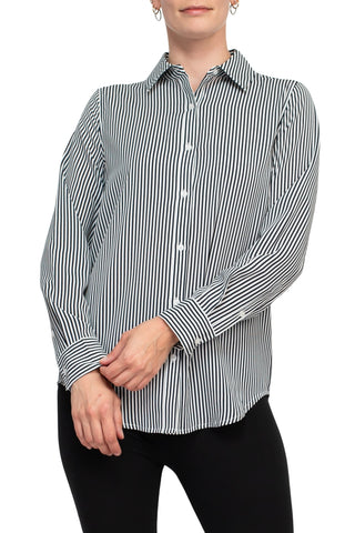 T Tahari longsleeve collared button down striped woven shirt w buttoned cuffs - Ivory - Front