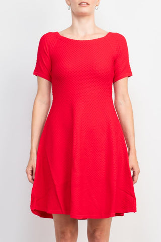 T Tahari Boat Neck Short Sleeve Fit and Flare Knit Dress