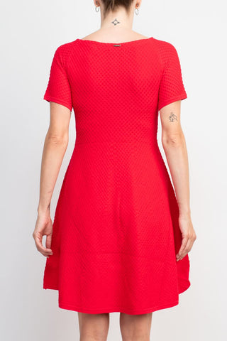 T Tahari Boat Neck Short Sleeve Fit and Flare Knit Dress